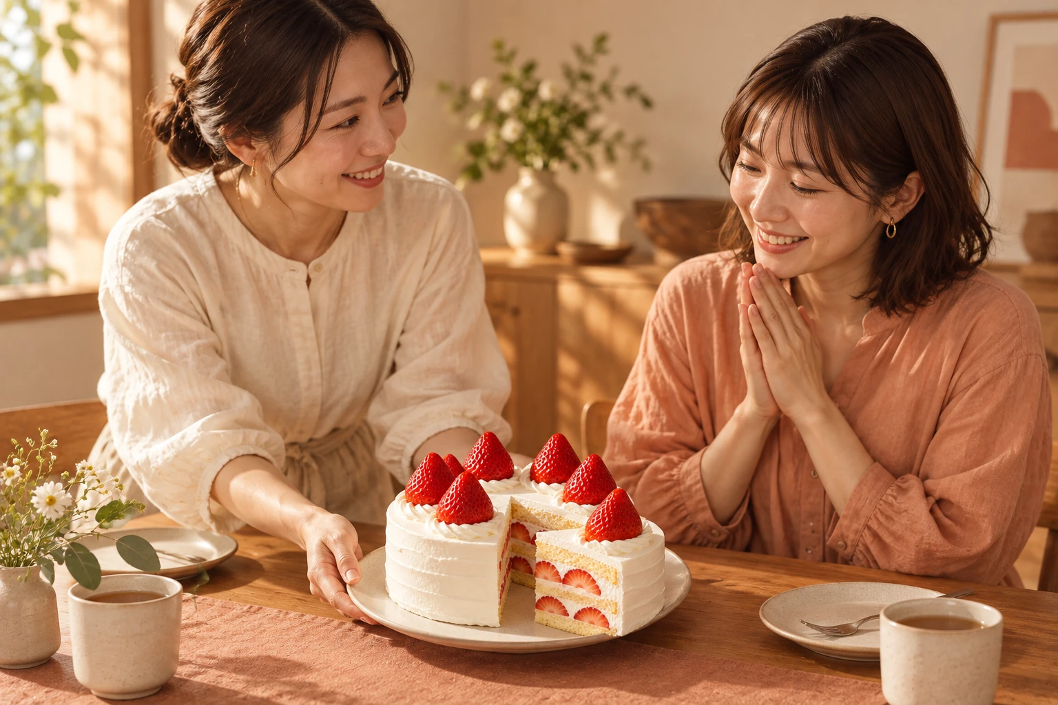 大切な人とイチゴのケーキを囲む、贈り物の利用場面を表した制作イメージ