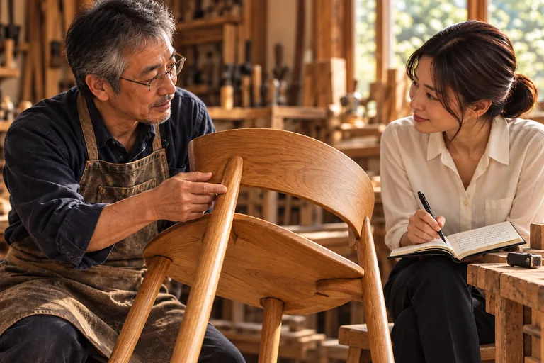 作業着の職人が椅子の仕上げを説明し、取材担当がノートに書き留める場面。