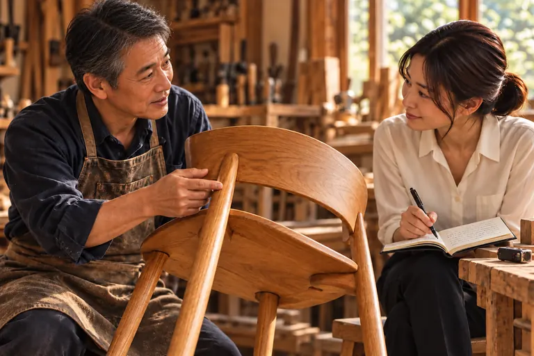 同じ職人に取材担当が話を聞き、ノートを取る場面。