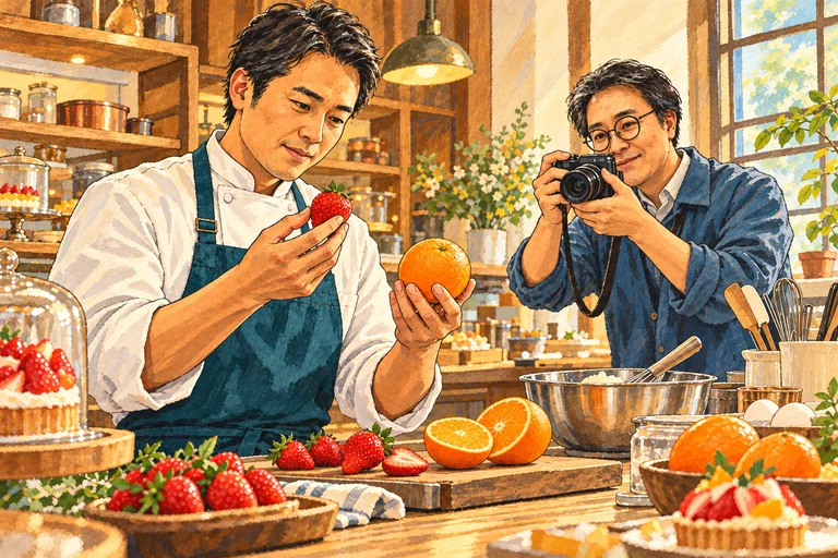 素材の組み合わせを考えるパティシエと、その手元を撮影する動画丸の代表を描いた企画例。