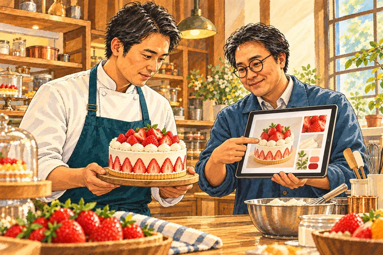 完成したイチゴのケーキを持つ同じパティシエと、タブレットで見せ方を相談する動画丸の代表を描いた企画例。